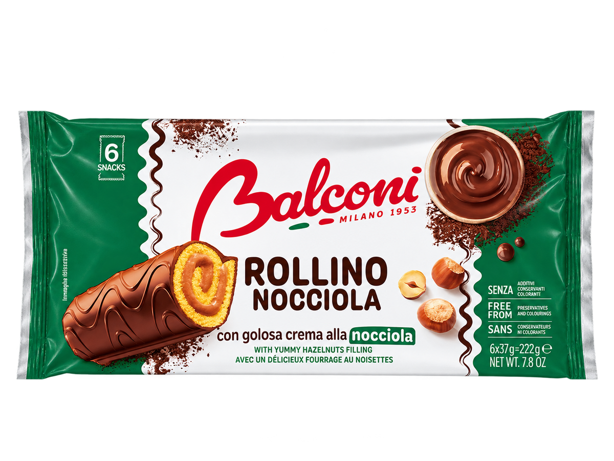 Balconi Rollino Nocciola – Mogyorókrémmel Töltött, Csokoládébevonatos Piskótatekercs – 222 g (6 db)