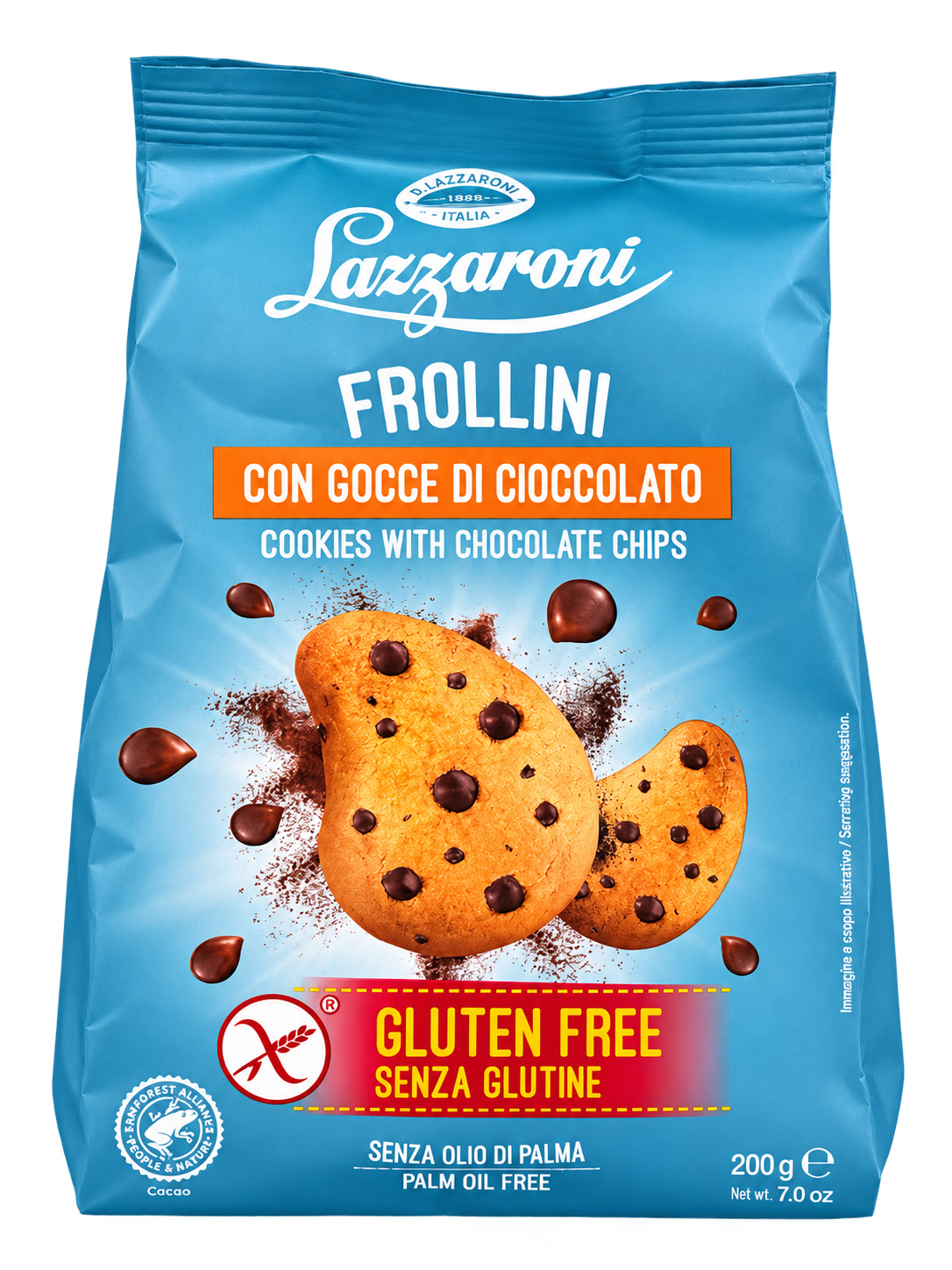 Lazzaroni Frollini con Gocce di Cioccolato – Gluténmentes, Csokoládédarabos Omlós Keksz – 200 g