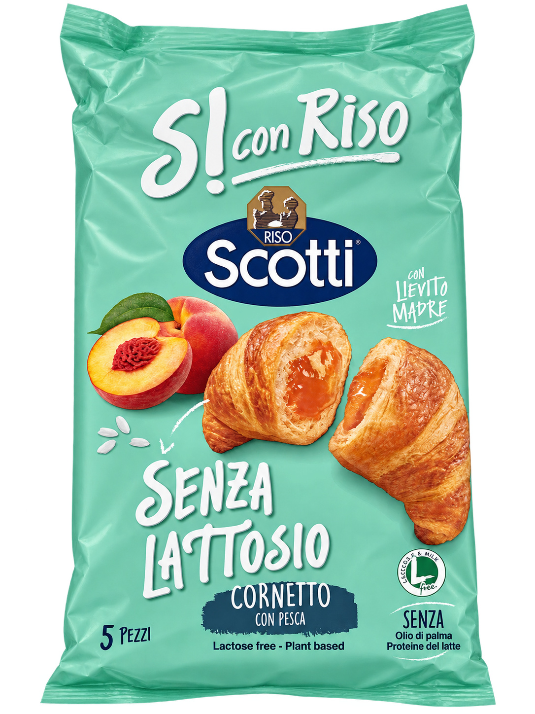 Riso Scotti Sì con Risoa – Laktózmentes, Őszibarackos Töltelékkel Készült Puha Olasz Croissant – 240 g (5×48 g)