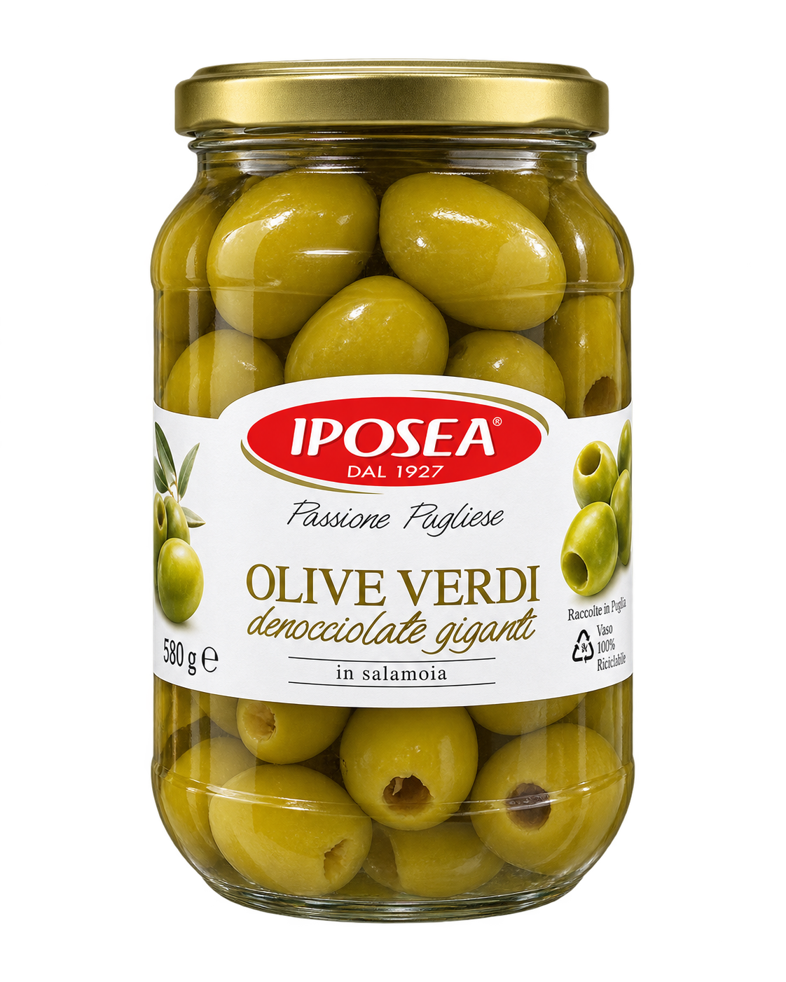 Iposea Olive Verdi Denocciolate Giganti – Óriás Magozott Zöld Olívabogyó Sós Páclében – 580 g