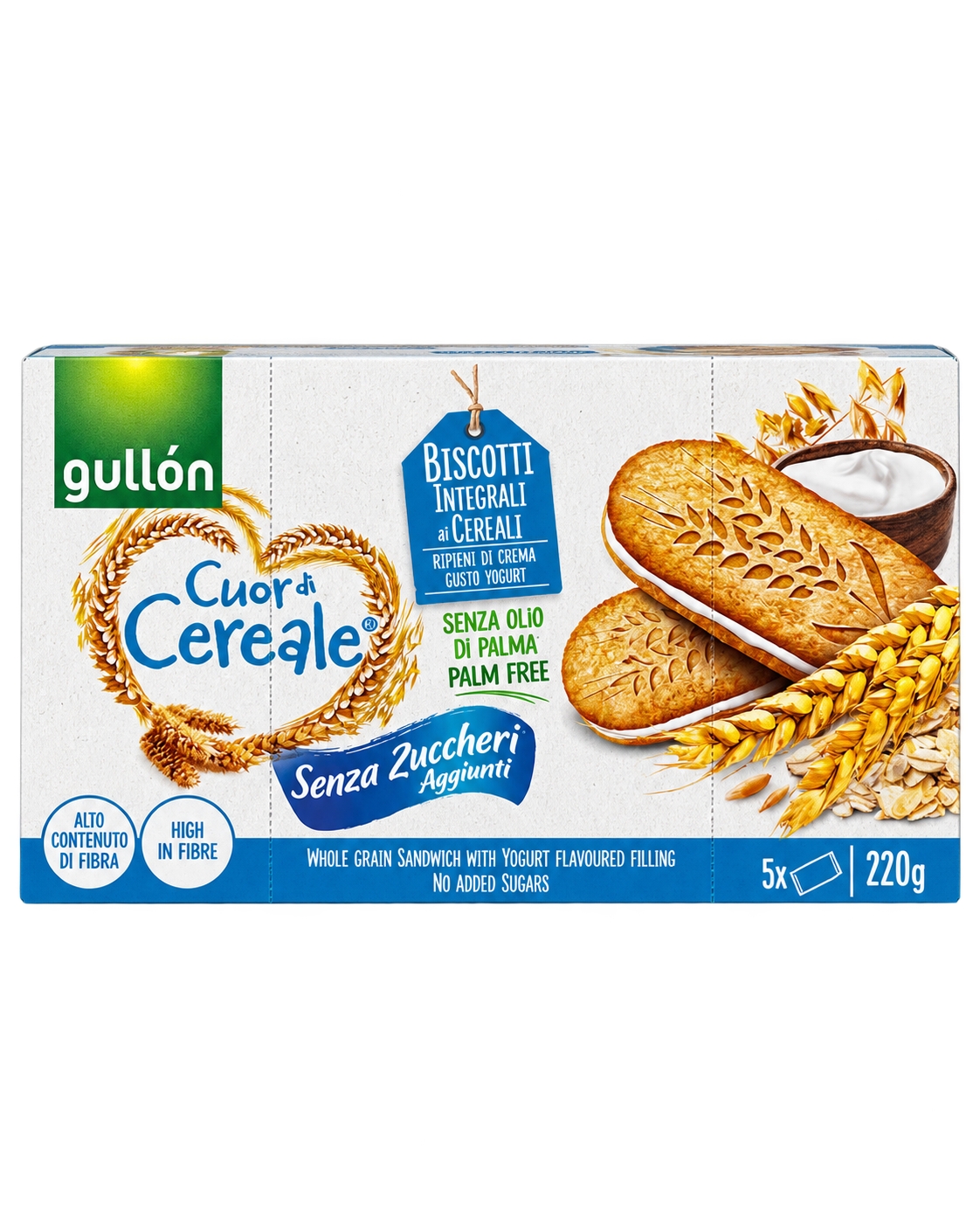 Gullón Cuor di Cereale Yogurt – Joghurtkrémmel Töltött Teljes Kiőrlésű Gabonakeksz, Hozzáadott Cukor Nélkül – 220 g (5 db)