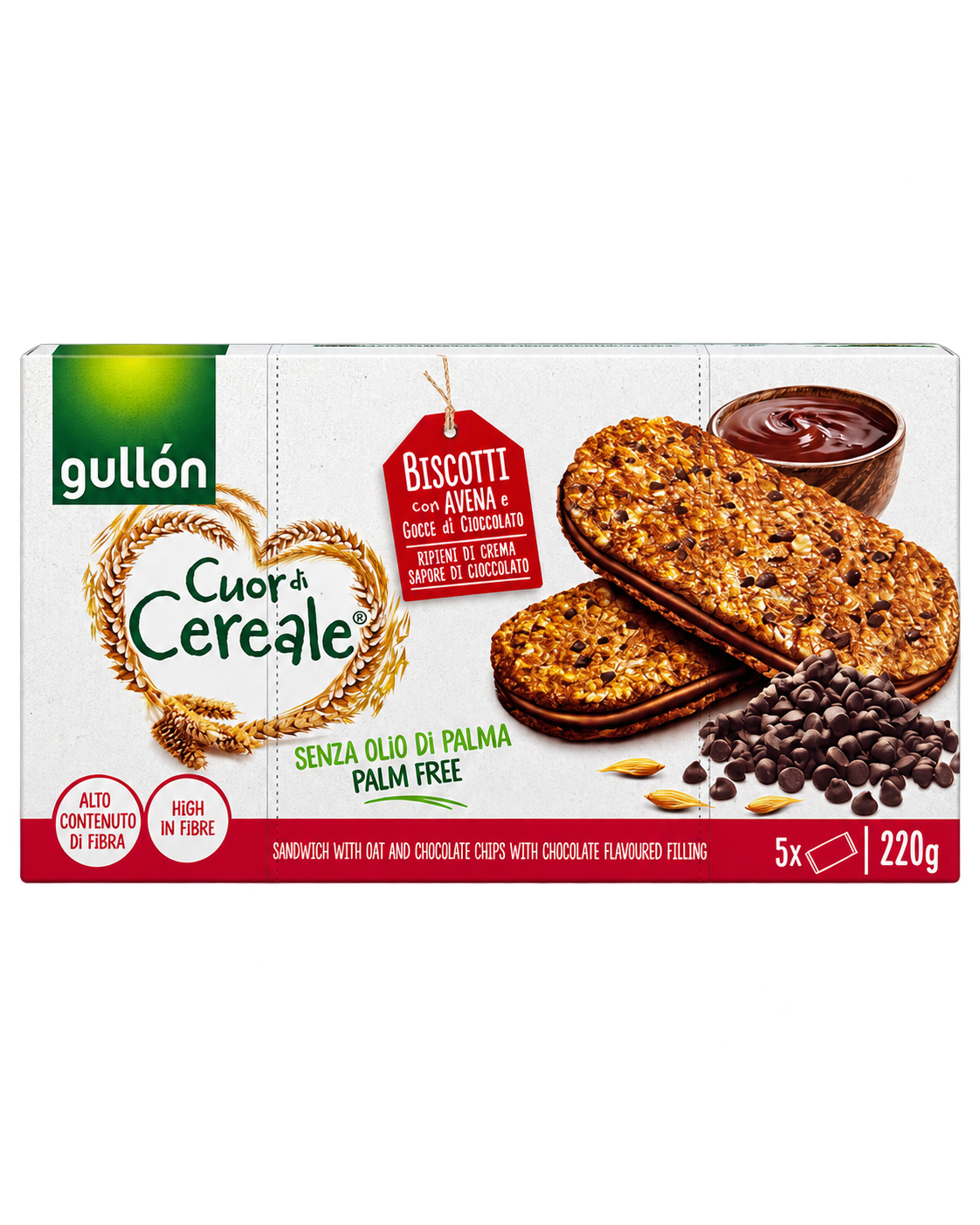 Gullón Cuor di Cereale Cioccolato – Csokoládékrémmel Töltött, Csokoládédarabos Zabkeksz – 220 g (5 db)