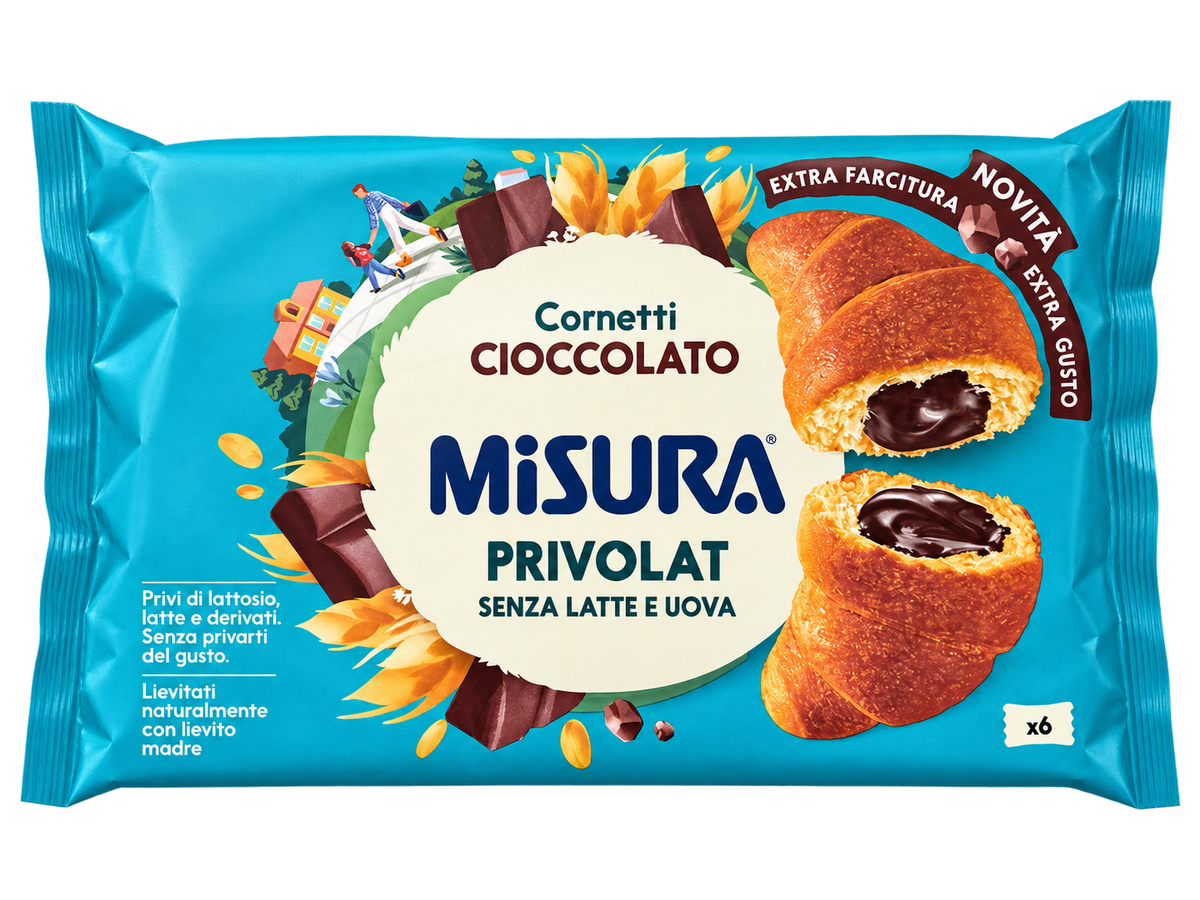 Misura Privolat Cornetti Cioccolato – Tej- és Tojásmentes, Csokoládékrémmel Töltött Olasz Croissant – 298 g (6 db)