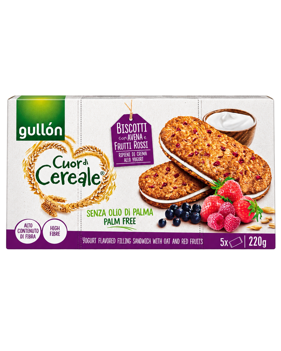Gullón Cuor di Cereale Frutti Rossi – Erdei Gyümölcsös, Joghurtkrémmel Töltött Zabkeksz – 220 g (5 db)