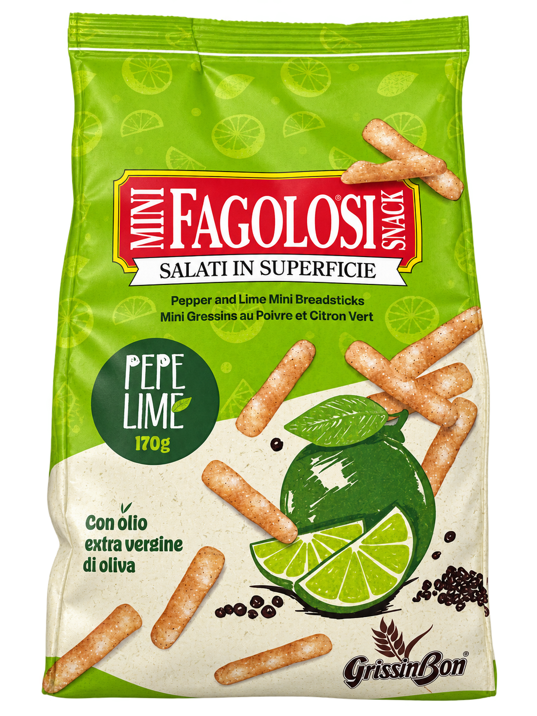 GrissinBon Fagolosi Pepe Lime – Borsos-Lime-os grissini – 170 g