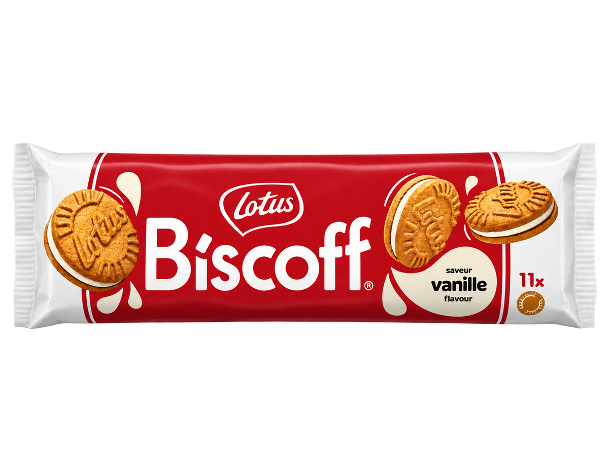 Lotus Biscoff Vanilla – Vaníliaízű Krémmel Töltött Karamellizált Keksz – 11 db (110 g)