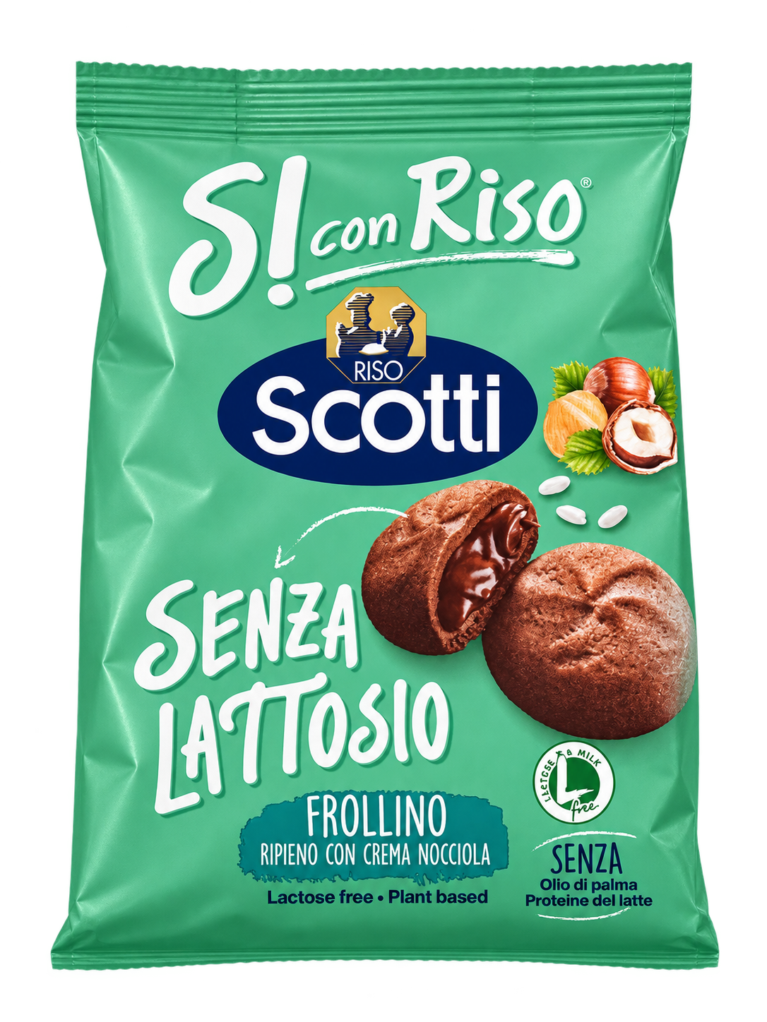 Riso Scotti Sì con Riso – Laktózmentes, Mogyorókrémmel Töltött Olasz Keksz - 200 g