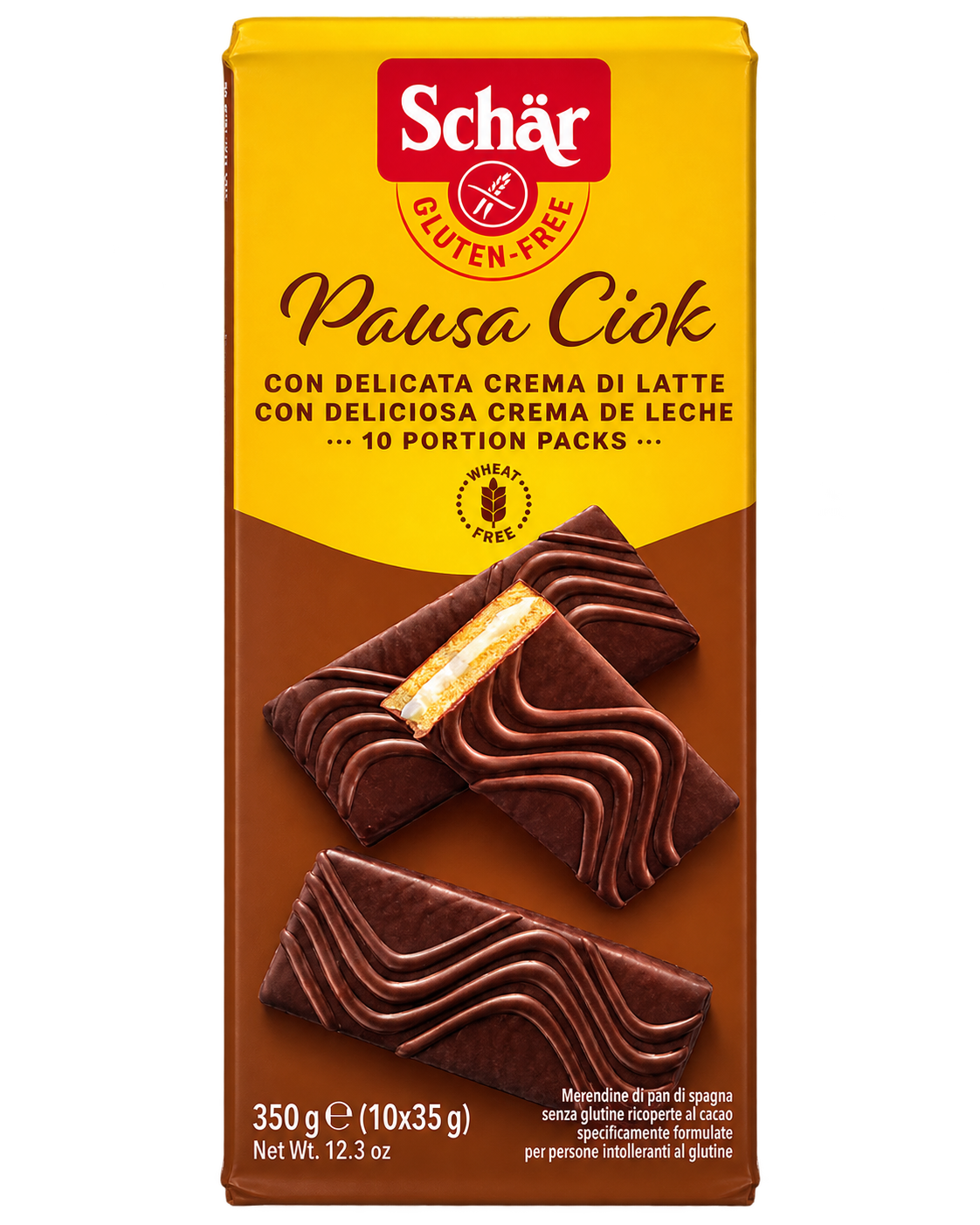 Schär Pausa Ciok – Gluténmentes, Tejkrémmel Töltött, Kakaós Bevonatú Piskótaszeletek – 350 g (10×35 g)