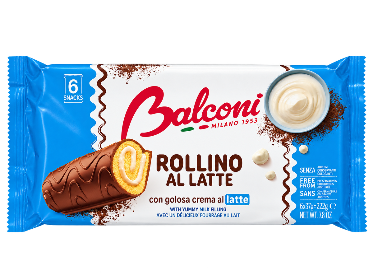 Balconi Rollino al Latte – Tejkrémmel Töltött, Csokoládébevonatos Piskótatekercs – 222 g (6 db)