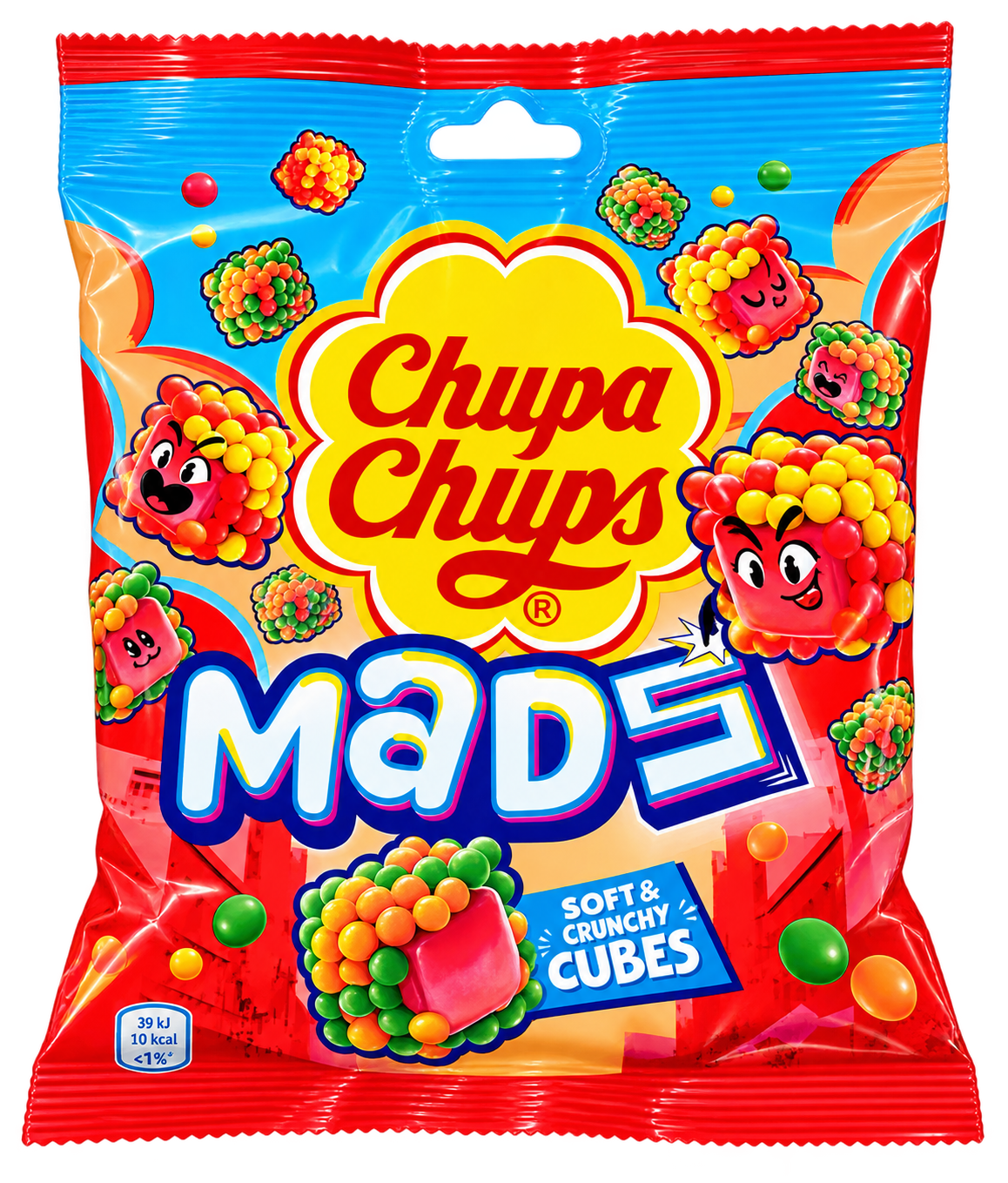 Chupa Chups MADS – Ropogós, Gyümölcsös Rágócukorka Kockák - 115 g
