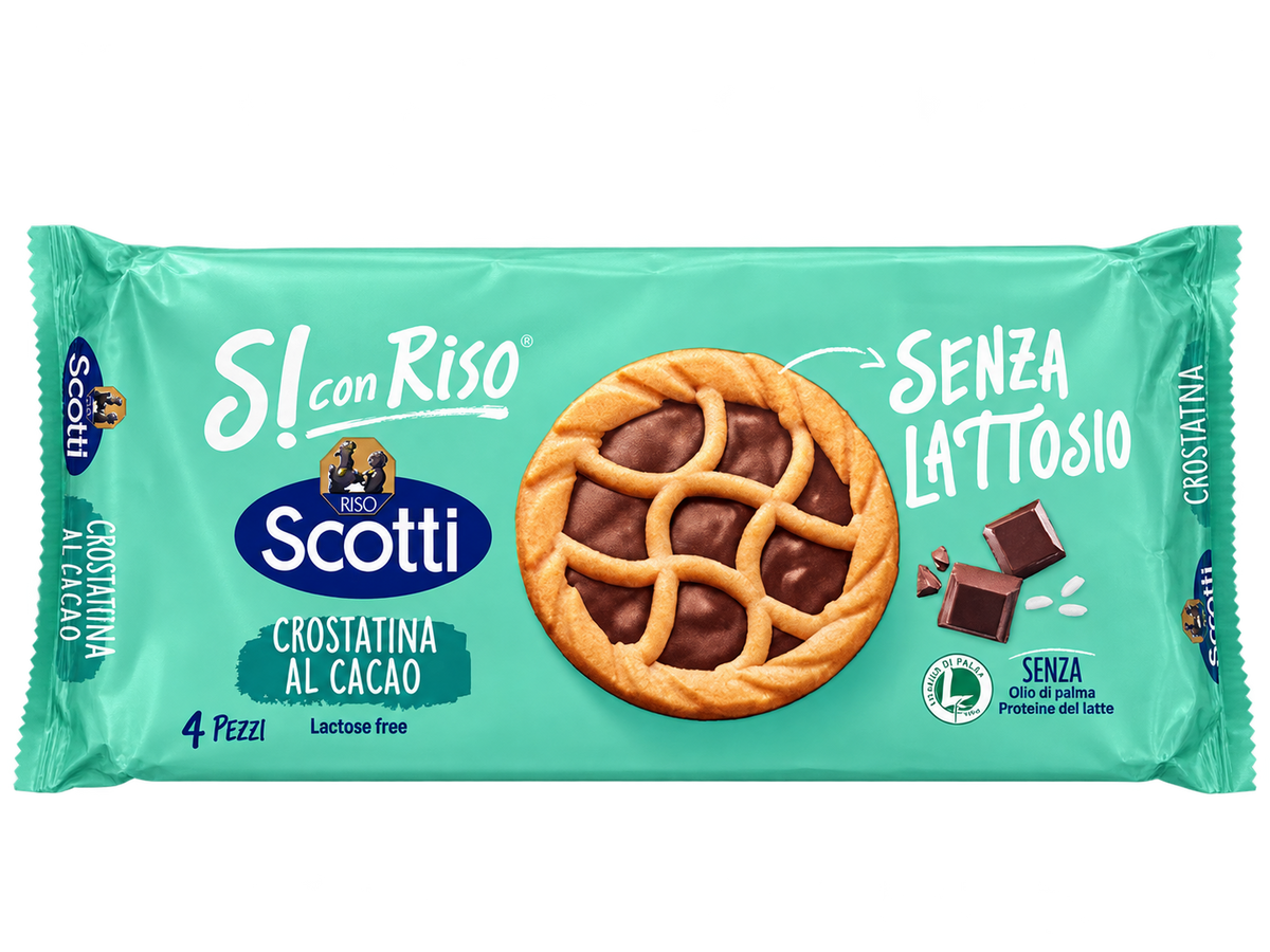 Riso Scotti Sì con Riso Crostatina al Cacao – Laktózmentes, Kakaós Krémmel Töltött Olasz Linzerkosárka – 4 db