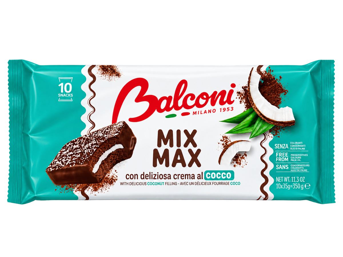 Balconi Mix Max Cocco – Kókuszkrémmel Töltött, Csokoládébevonatos Piskótaszelet – 350 g (10 db)